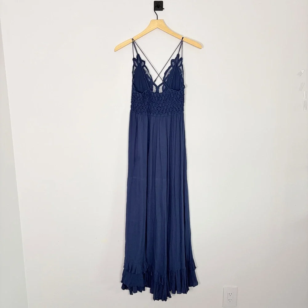 Free People FP One Adella Maxi Slip Dress Navy Blue Crochet‎ Lace Ruffle Small